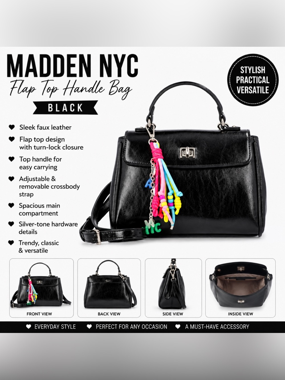 NWT Madden NYC Black Top-Handle Satchel with Colorful Charm